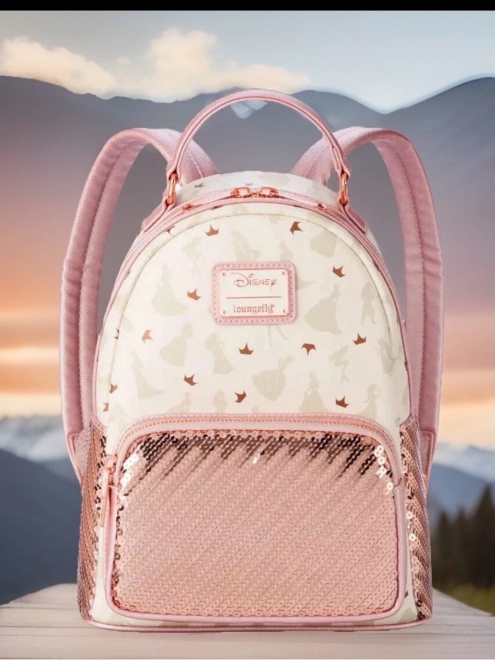 NEW Loungefly Disney Ultimate Princesses Silhouettes Crowns Pink Sequin Backpack